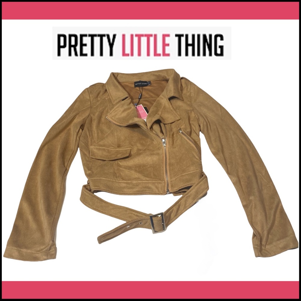 NWT PRETTYLITTLETHINGS CAMEL FAUX LEATHER SUEDE BIKER JACKET Sz XS - Picture 7 of 14